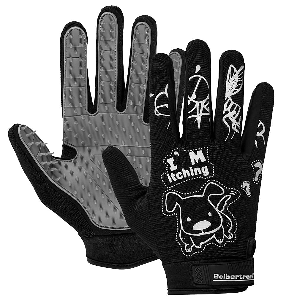 Seibertron Patented P.G.M.G-1 Pet Hair Remover/Deshedding Grooming Gloves Seven Sizes Fit All Works for Dogs, Horses, Cats and Other Animals Short Fur(1-Pair) Adult Black XS