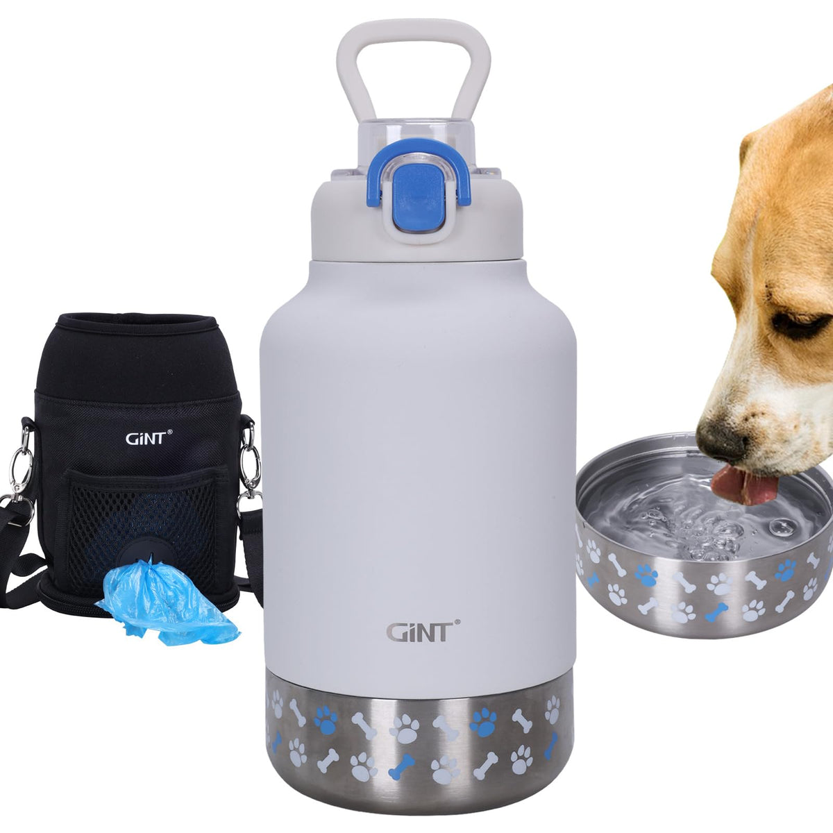 GiNT 37oz / 1.1L Insulated Dog Water Bottle with Carrying Case, (Blue)