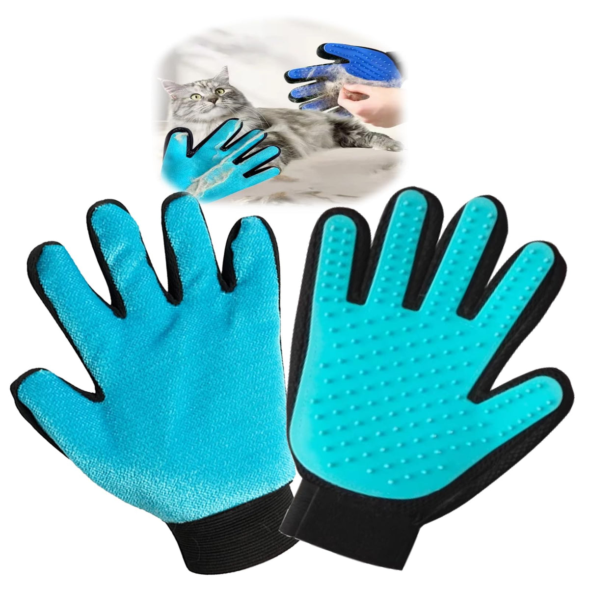VCZONE 2 in 1 Cat Grooming Glove, Double-Sided Use Pet Hair Remover Glove, 1 Side is Gentle Grooming for Dogs, Cats, the Other is Effective Hair Remover for Furniture, Clothing (Blue, Right-Hand)
