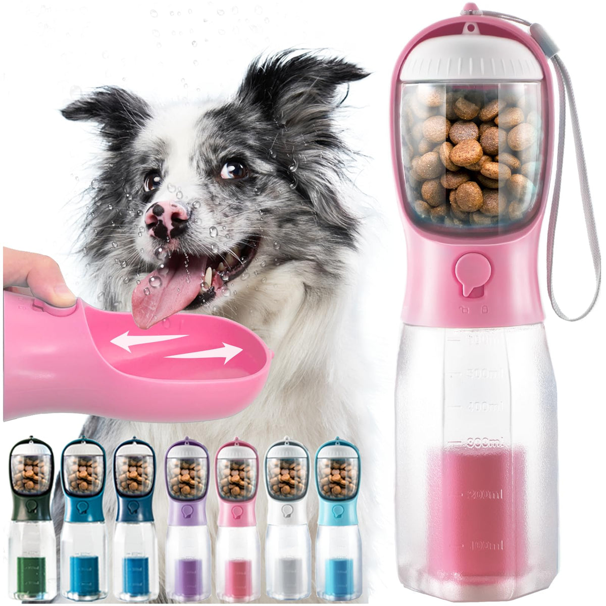 Portable Water Bottle for Small Dogs, 3 in 1 Pet Travel Bowl Dispenser with Food Treat Container & Poop Bag Holder, Summer Hiking Walking Accessories for Puppy On The Go - Pink, 10oz