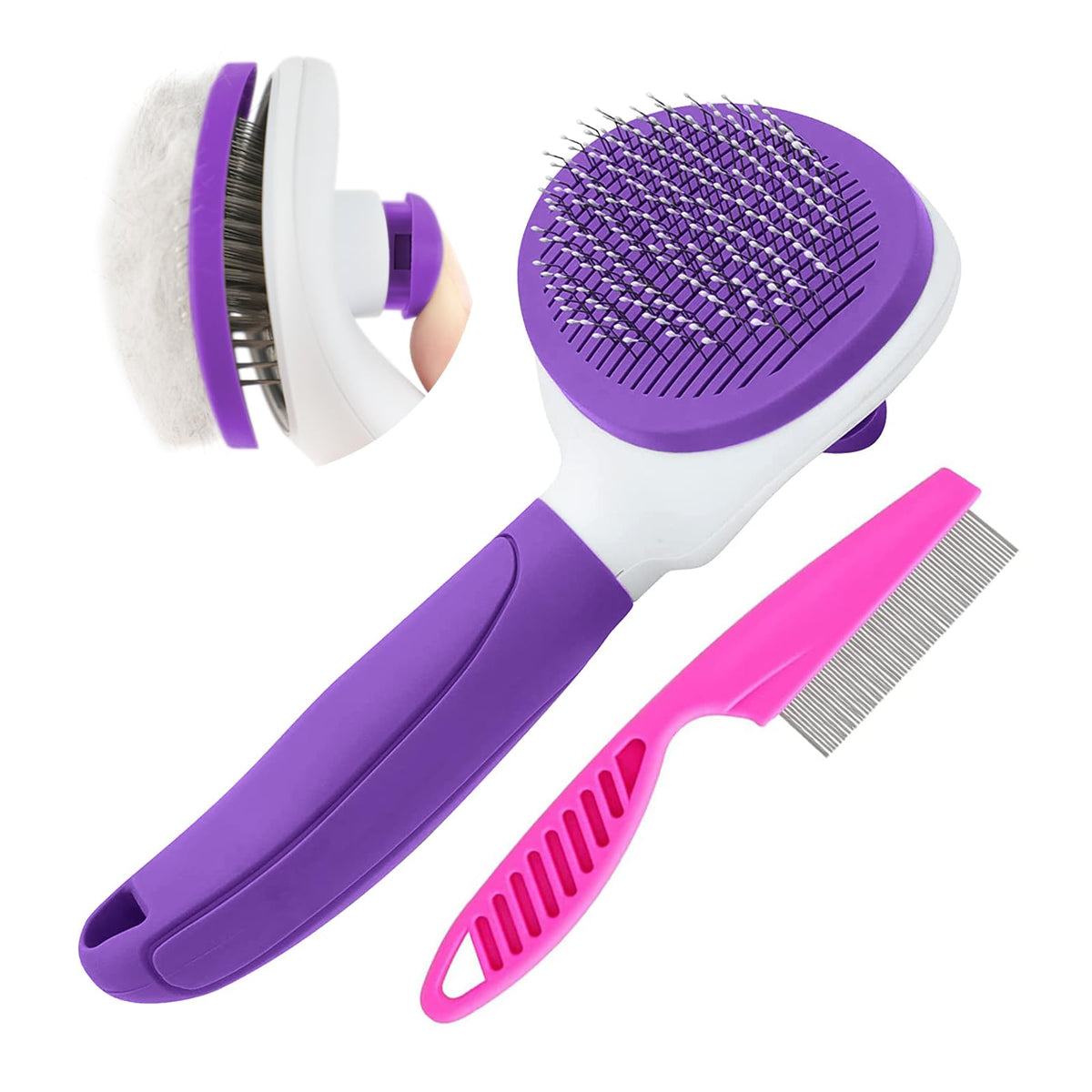 Cat Brushes for Indoor Cats, Dog Brush for Shedding with Metal Cat Comb, Self Cleaning Pet Hair Brush with Release Button for Grooming Kitten(Pink)