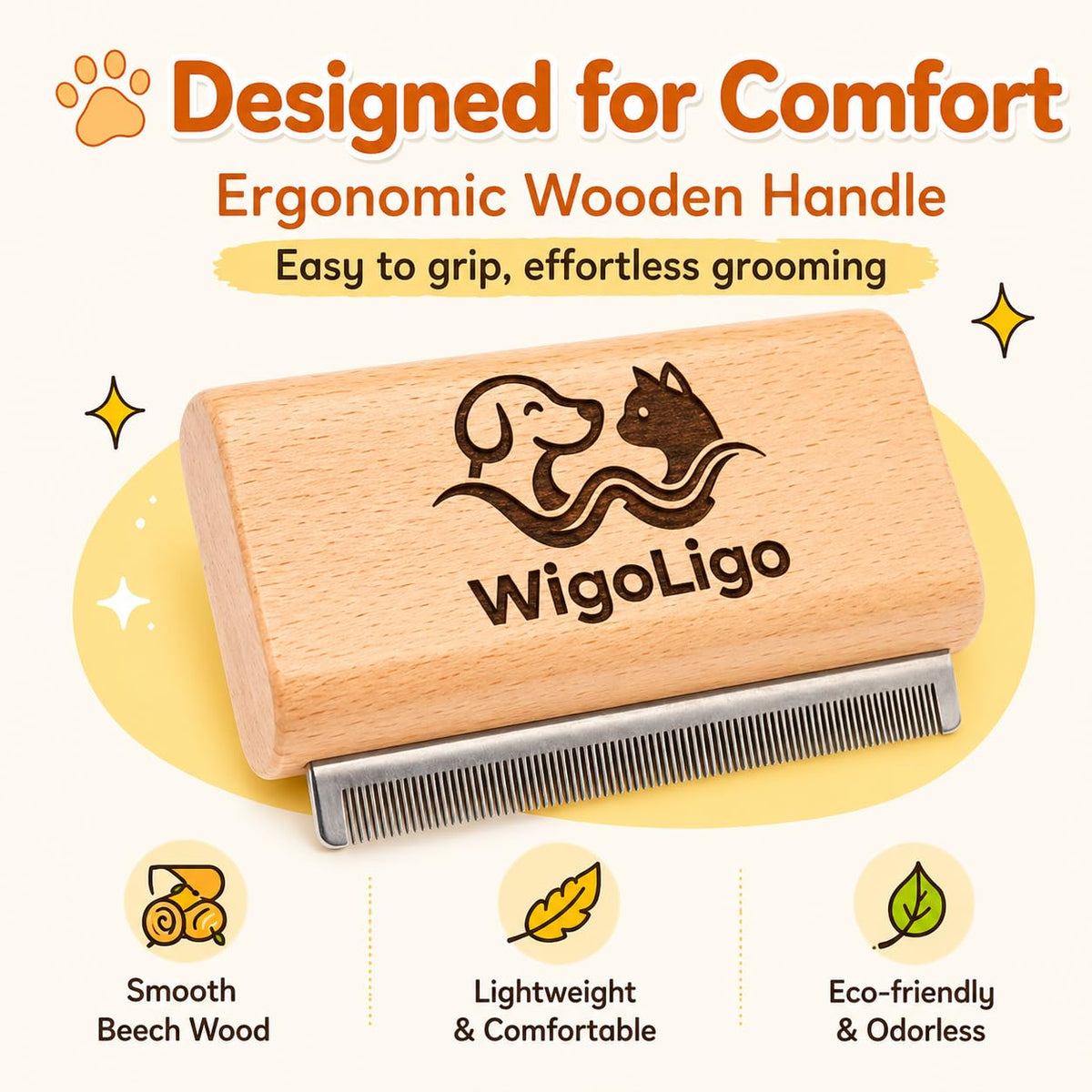 Pet Deshedding Brush for Dog, Wooden Dog Brush Shedding Tool, Pet Pro Grooming Tool for Short, Medium & Long Hair Cats and Dogs | 5 Inch