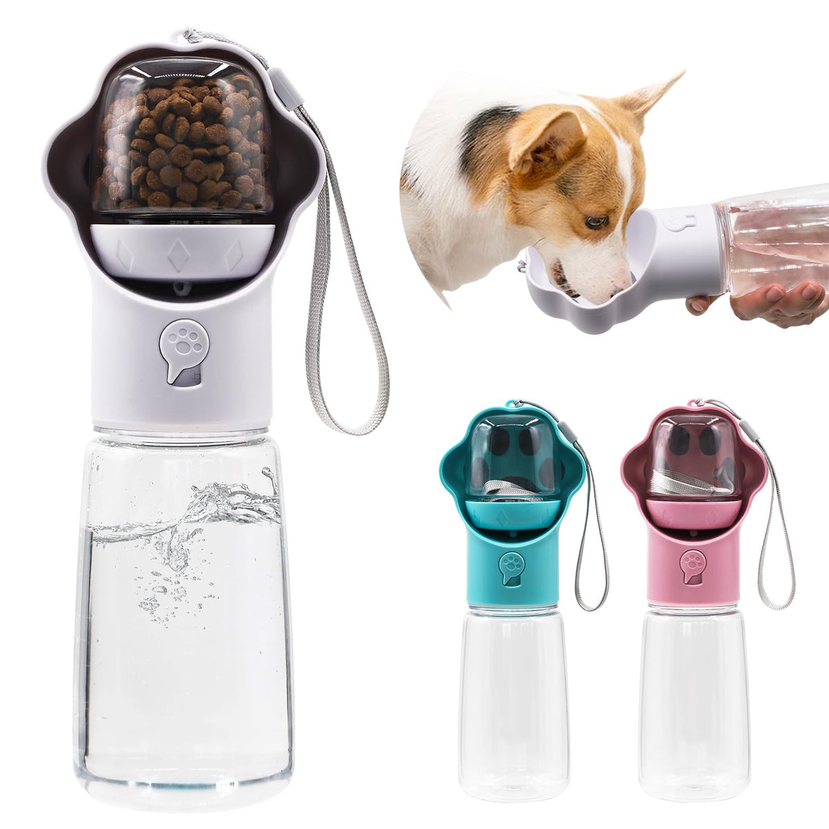 Dog Water Bottle with Food Container, Portable Pet Dispenser, Leak Proof, Hiking, Puppy Travel, Outdoor Activities(11.16 fl.oz/330ml, Pink)