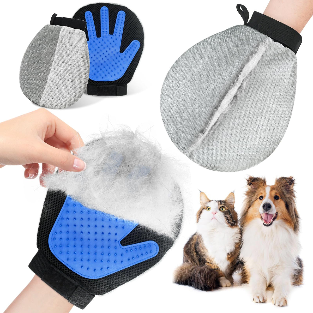 Pet Grooming Glove Hair Remover Brush Gentle Deshedding Efficient Pet Mitt Pet Massage Gloves Left & Right Hand Draw Dogs Cats Horses Long Short Fur (1Pair Left & Right Hand (Blue))