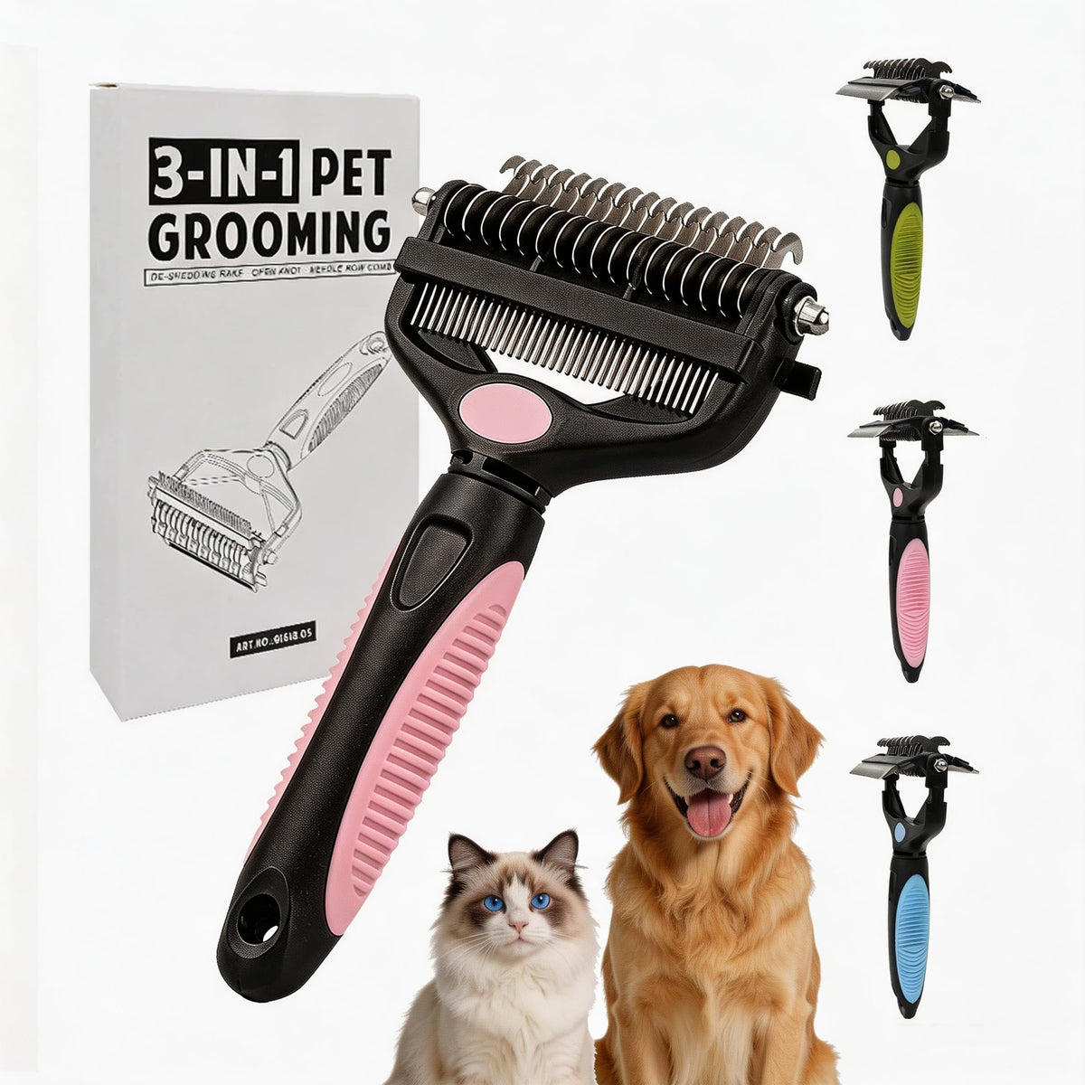3-in-1 Pet Grooming Tool Dematting Comb Undercoat Rake Deshedding Brush