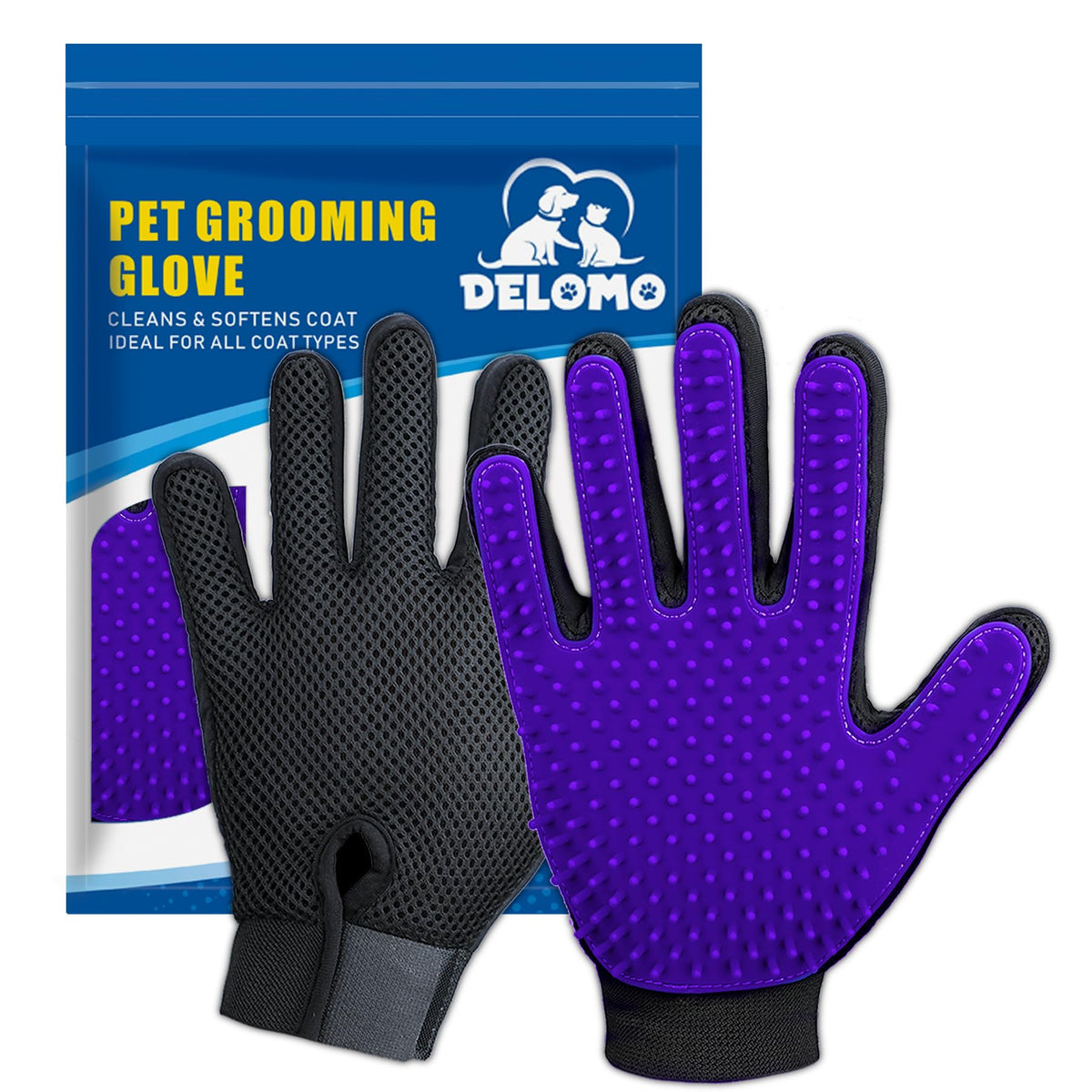 Pet Hair Removal Glove with 255 Silicone Tips for Dogs & Cats, 1 Pair Blue