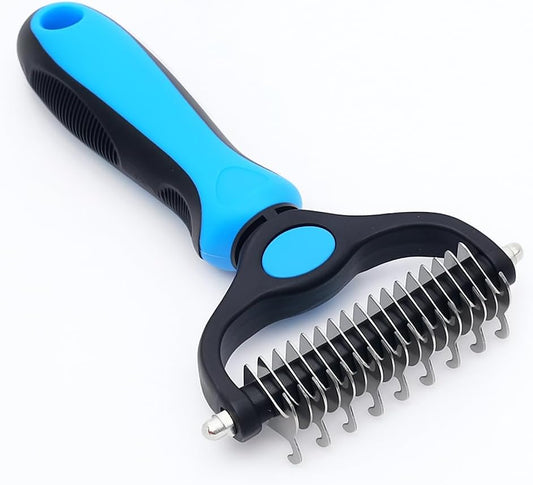 2-in-1 Pet Dematting Comb & Undercoat Rake – Professional Dog Deshedding Brush & Cat Detangler Tool for Stubborn Mats, Knots & Loose Fur Removal, Blue
