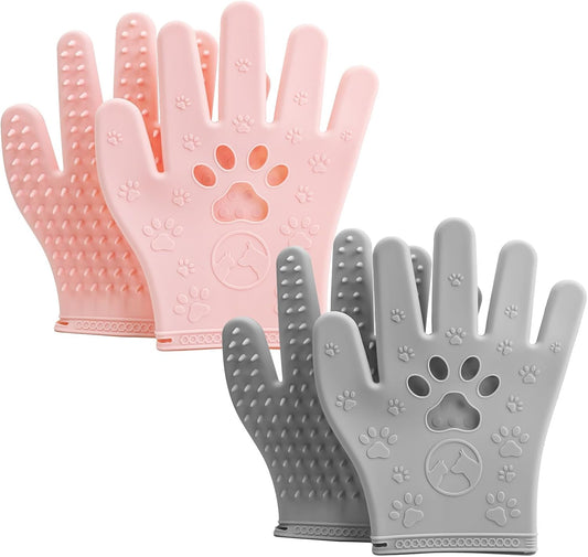 Pet Hair Removal Gloves Grooming 2 Pair Pink & Grey