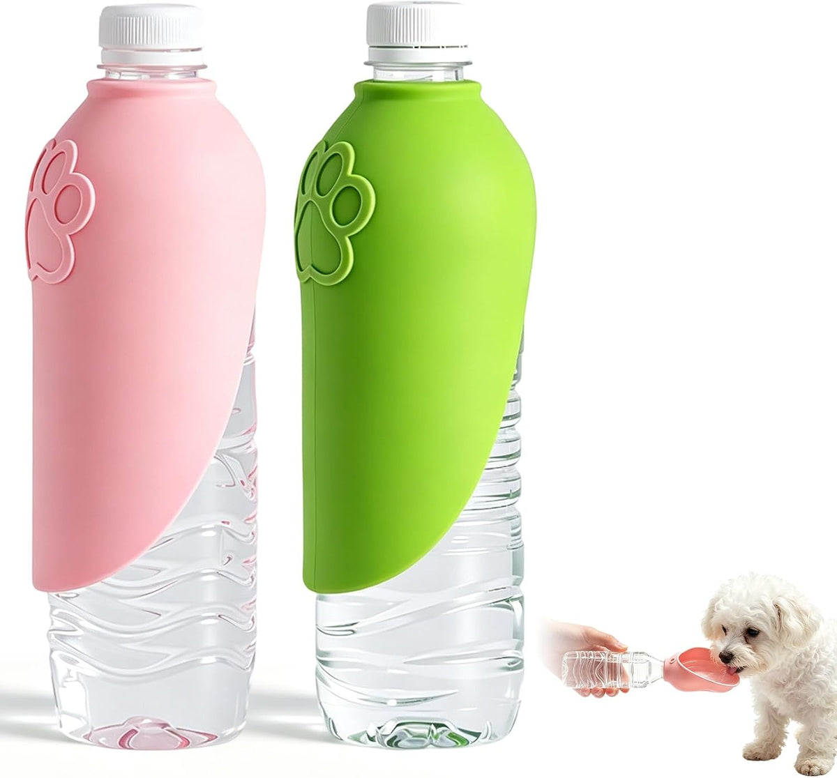 2PCS Portable Dog Water Bottle Attachment, Slip-On Pet Water Bowl, Dog Water Bottle Adapter for Standard Water Bottles Leak Proof Outdoor Pet Water Feeder Bowl(Green+Pink)