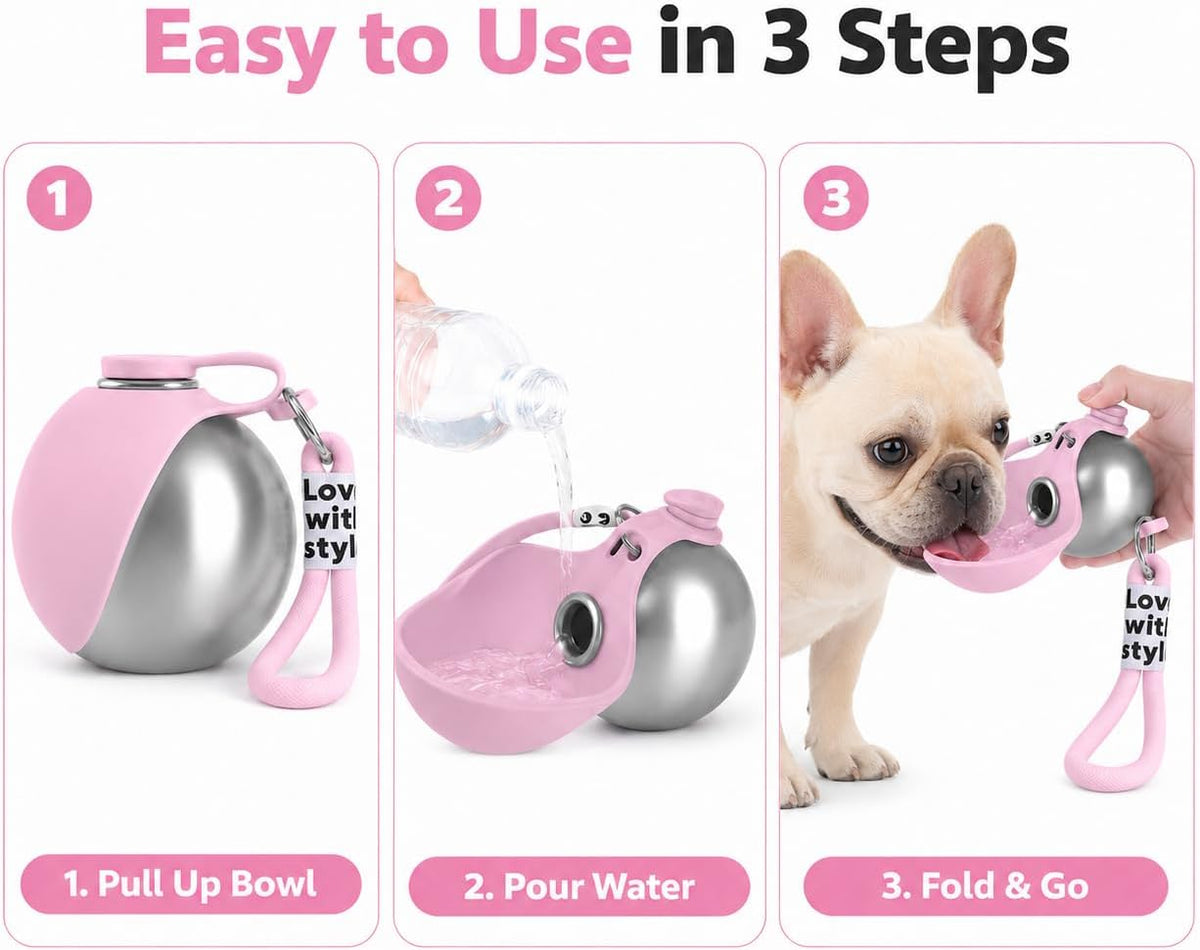 Portable Pet Dog Water Bottle with Silicone Collapsible Bowl, 10 oz Pink