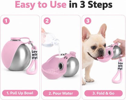 Portable Pet Dog Water Bottle with Silicone Collapsible Bowl, 10 oz Pink