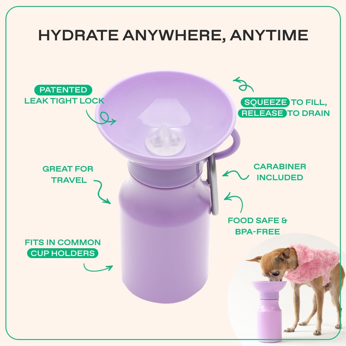 Springland 15oz Classic Portable Dog Water Bottle with Built-in Bowl, Lilac