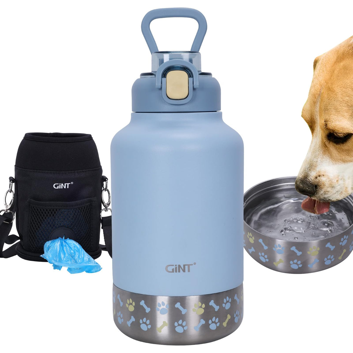 GiNT 37oz / 1.1L Insulated Dog Water Bottle with Carrying Case, (Blue)