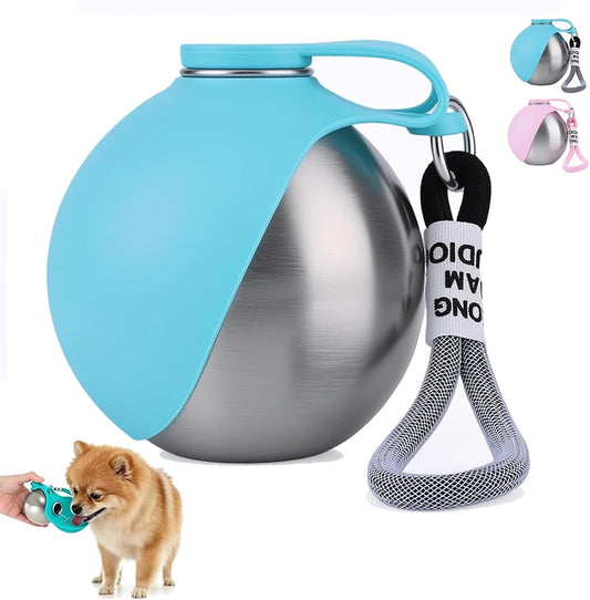 2 in 1 Portable Tumbler for Dogs, Portable Dog Water Ball, 10oz Stainless Steel Pet Water Dispenser with Silicone Foldable Bowl, Leak Proof, Portable Small Dog Water Bottle for Walking, Hiking(Blue)