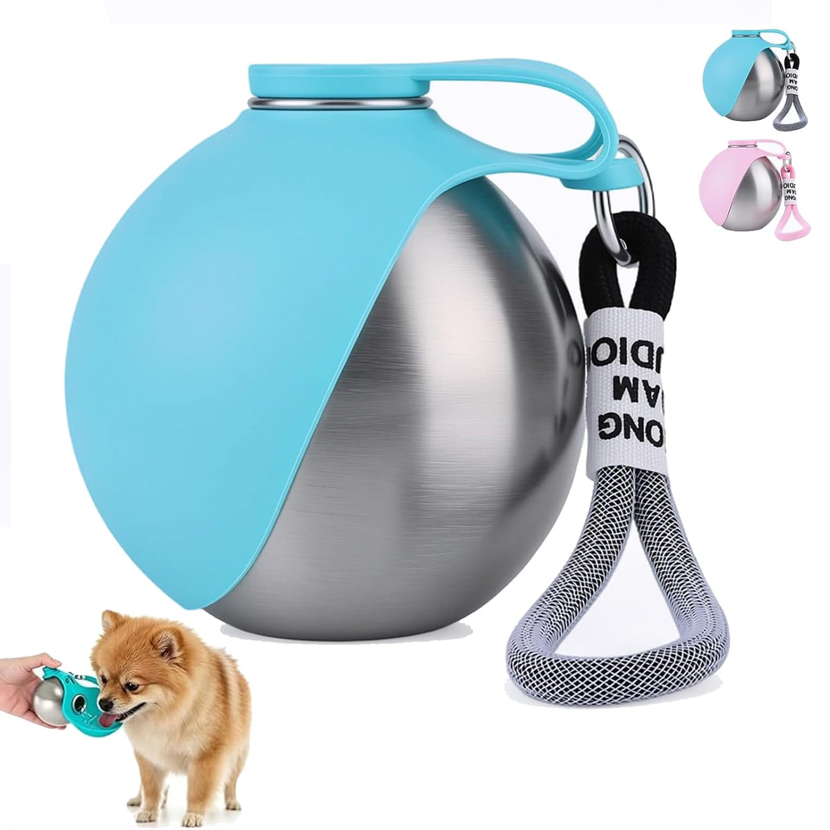 2 in 1 Portable Tumbler for Dogs, Portable Dog Water Ball, 10oz Stainless Steel Pet Water Dispenser with Silicone Foldable Bowl, Leak Proof, Portable Small Dog Water Bottle for Walking, Hiking(Blue)
