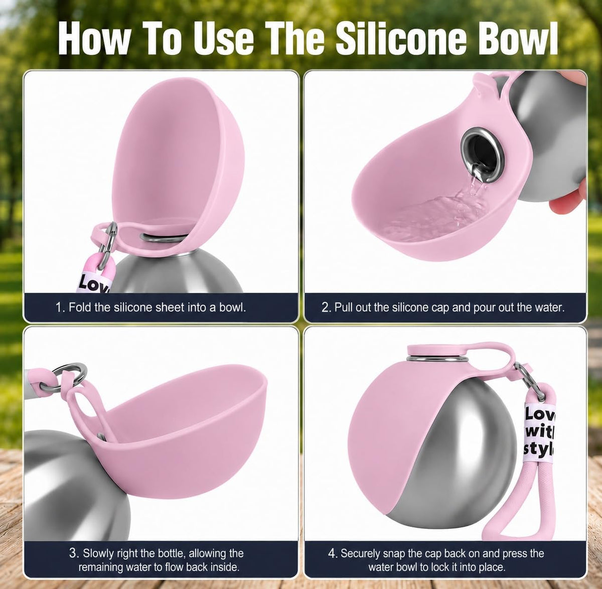Portable Dog Water Bottle with Collapsible Silicone Bowl & Cleaning Brush