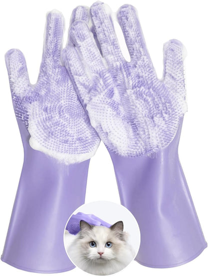 Pet Grooming Gloves, Silicone Bath Massage Gloves, Wet & Dry Use for Cats Dogs (Purple)