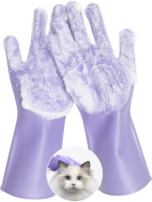 Pet Grooming Gloves, Silicone Bath Massage Gloves, Wet & Dry Use for Cats Dogs (Purple)