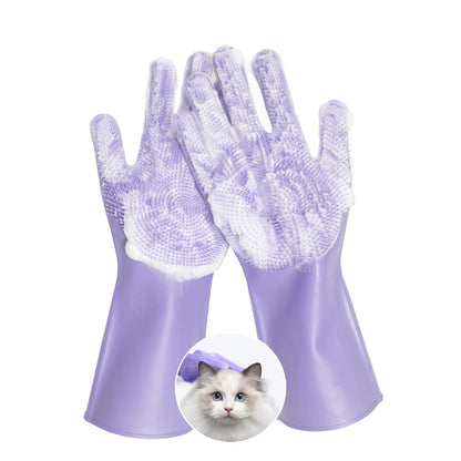 Pet Grooming Gloves, Silicone Bath Massage Gloves, Wet & Dry Use for Cats Dogs (Purple)
