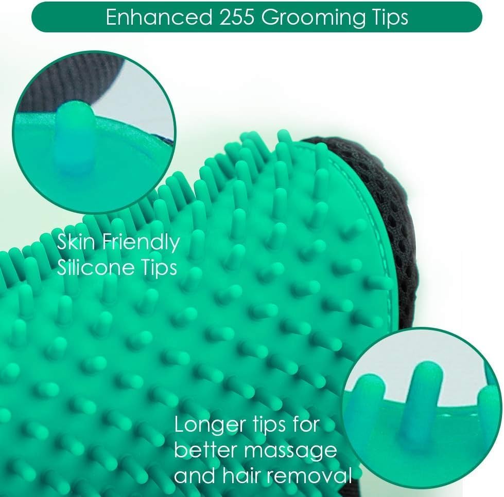 Pet Hair Removal Glove with 255 Silicone Tips for Dogs & Cats, Right Green