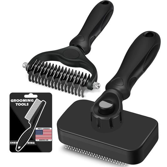 Professional 3PCS Self Cleaning Slicker Brush & Pet Grooming Rake & Flea Comb for Dogs,Cats and Horses | Double-Sided Dematting Comb & Skin Friendly Deshedding Grooming Tool | Pet Supplies (Black)