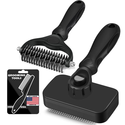 Professional 3PCS Self Cleaning Slicker Brush & Pet Grooming Rake & Flea Comb for Dogs,Cats and Horses | Double-Sided Dematting Comb & Skin Friendly Deshedding Grooming Tool | Pet Supplies (Blue)