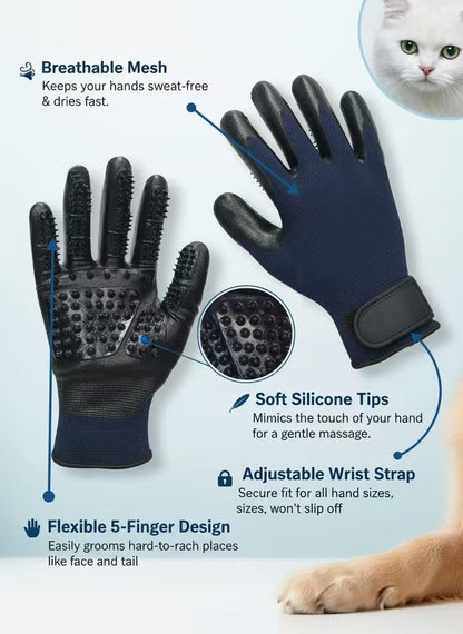 Pet Grooming Gloves for Dogs and Cats (1 Pair, Dark Blue) - Deshedding Hair Remover Mitt with Massage Function, Breathable 3D Mesh & Adjustable Wrist Strap, Fits Long & Short Fur