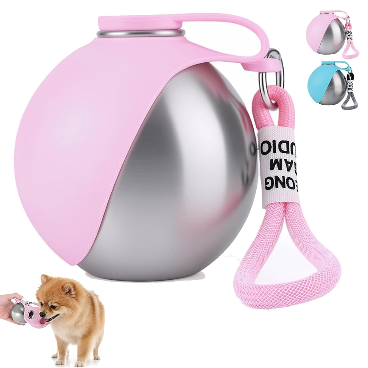2 in 1 Portable Tumbler for Dogs, Portable Dog Water Ball, 10oz Stainless Steel Pet Water Dispenser with Silicone Foldable Bowl, Leak Proof, Portable Small Dog Water Bottle for Walking, Hiking(Blue)