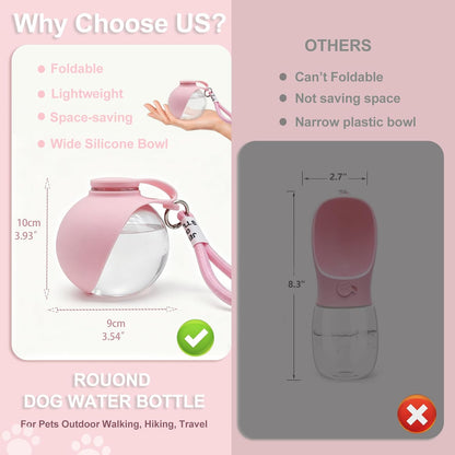 Dog Water Bottle Portable, 2in1 Round Foldable Water Bowl for Dogs Pink PET