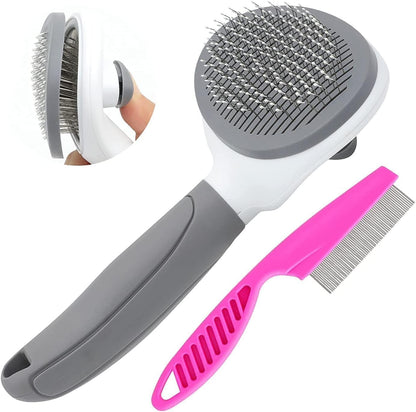 Cat Brushes for Indoor Cats, Dog Brush for Shedding with Metal Cat Comb, Self Cleaning Pet Hair Brush with Release Button for Grooming Kitten(Pink)