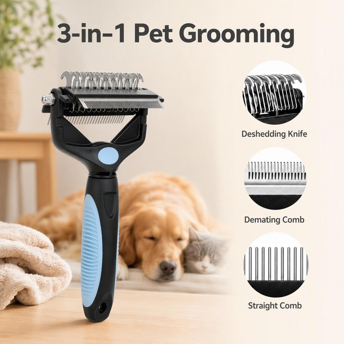 3-in-1 Pet Grooming Tool Dematting Comb Undercoat Rake Deshedding Brush