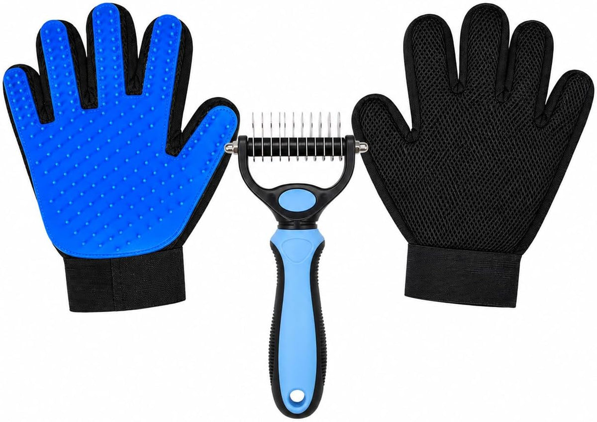 Pet Grooming Gloves for Dogs & Cats - 2-in-1 Deshedding Glove & Dematting Brush Set, Gentle Silicone Massage Mitt for Long & Short Hair, Professional Undercoat Rake