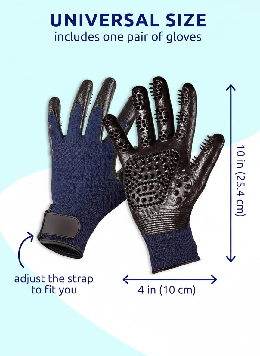 Pet Grooming Gloves for Dogs and Cats (1 Pair, Dark Blue) - Deshedding Hair Remover Mitt with Massage Function, Breathable 3D Mesh & Adjustable Wrist Strap, Fits Long & Short Fur