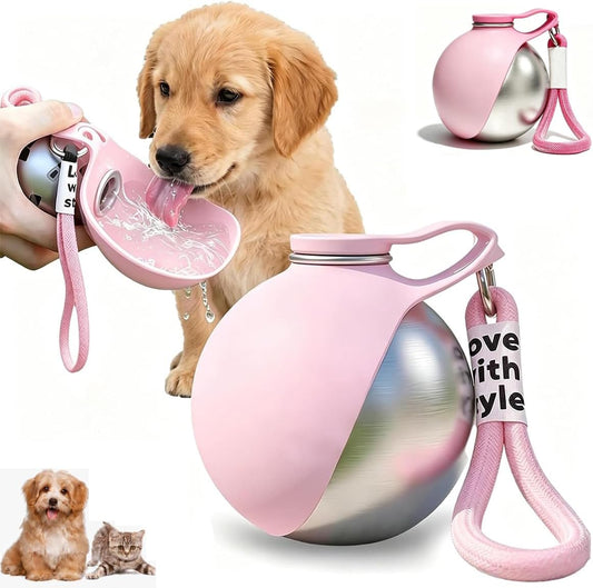 2 in 1 Portable Dog Water Bottle, 285ml Foldable Dog Travel Water Bottle with Silicone Bowl, Leak Proof Pet Water Bottle for Travel, Walks, Hikes, Park Visits, Tainless Steel (Pink)