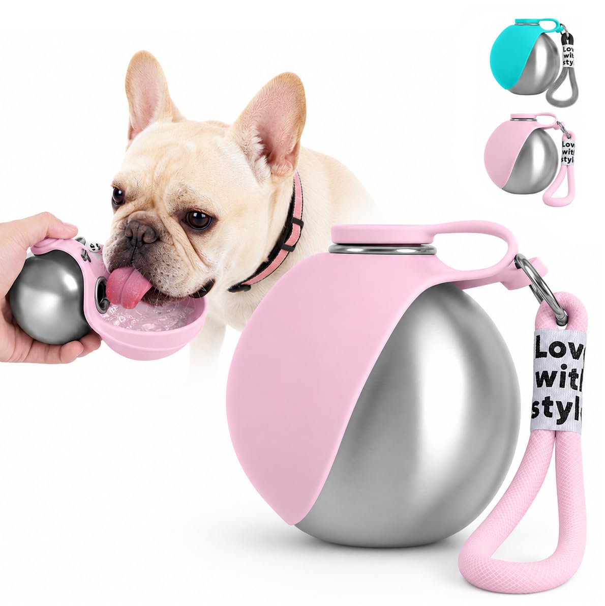 Portable Pet Dog Water Bottle with Silicone Collapsible Bowl, 10 oz Pink