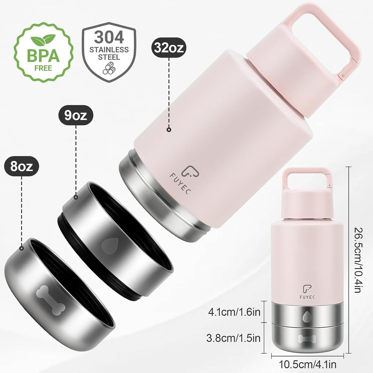 Dog Water Bottle 32oz, Insulated Stainless Steel Travel Water Dispenser with 2 Detachable Dog Bowls for Food and Water, Leak Proof Portable Pet Drinking Cup for Walking Hiking Camping