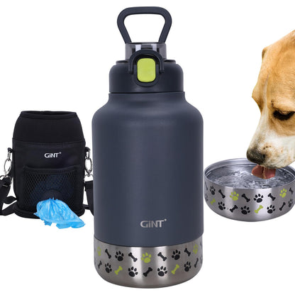 GiNT 37oz / 1.1L Insulated Dog Water Bottle with Carrying Case, (Blue)