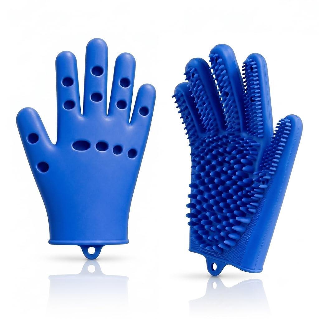Pet Grooming Gloves for Cats & Dogs – Silicone Hair Removal Glove for Bathing, Shedding & Massage – Gentle Mitt for Long & Short Hair Pets with Drainage System