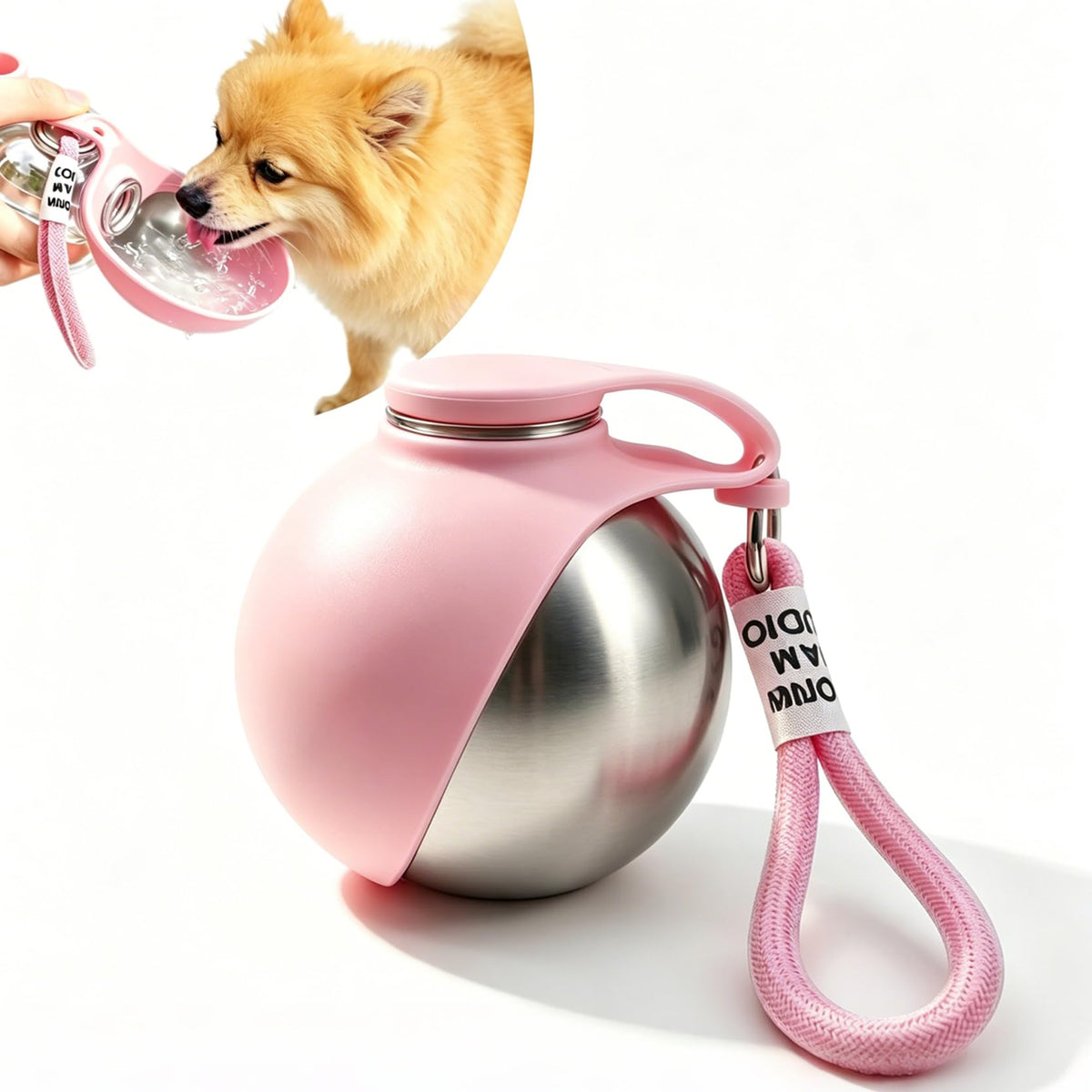 Dog Water Bottle Portable, 2in1 Round Foldable Water Bowl for Dogs Pink PET