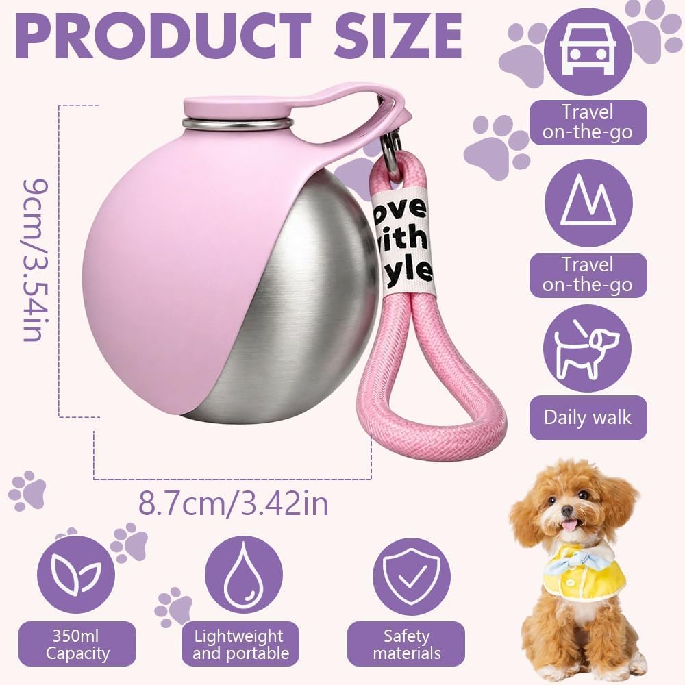 2 in 1 Portable Dog Water Bottle, 285ml Foldable Dog Travel Water Bottle with Silicone Bowl, Leak Proof Pet Water Bottle for Travel, Walks, Hikes, Park Visits, Tainless Steel (Pink)