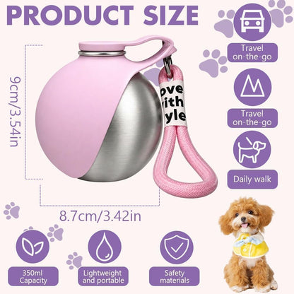 2 in 1 Portable Dog Water Bottle, 285ml Foldable Dog Travel Water Bottle with Silicone Bowl, Leak Proof Pet Water Bottle for Travel, Walks, Hikes, Park Visits, Tainless Steel (Pink)