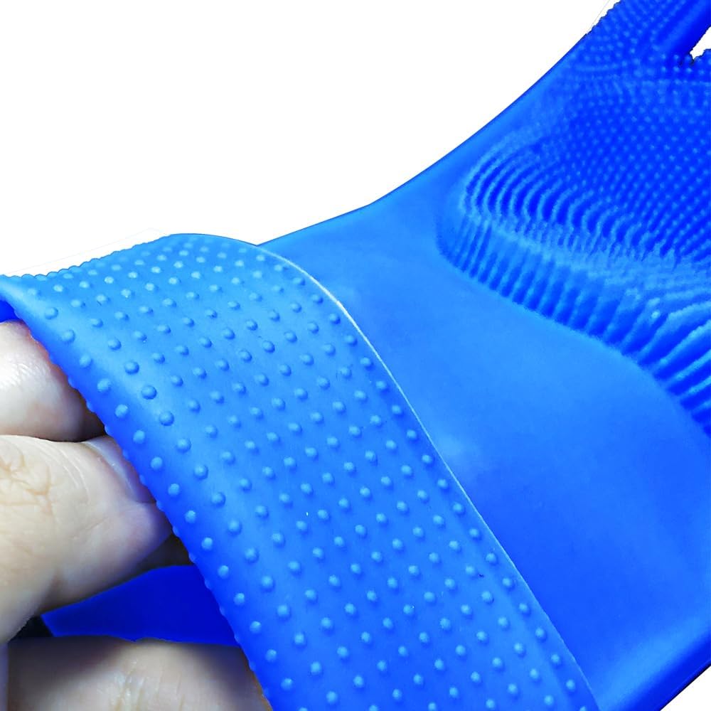Pet Grooming Gloves, Silicone 5-Finger Deshedding Bath Brush Mitt, 13.39×6.30in Heat Resistant Massage Glove, Gentle Shedding Removal for Dogs Cats Rabbits Horses, Blue