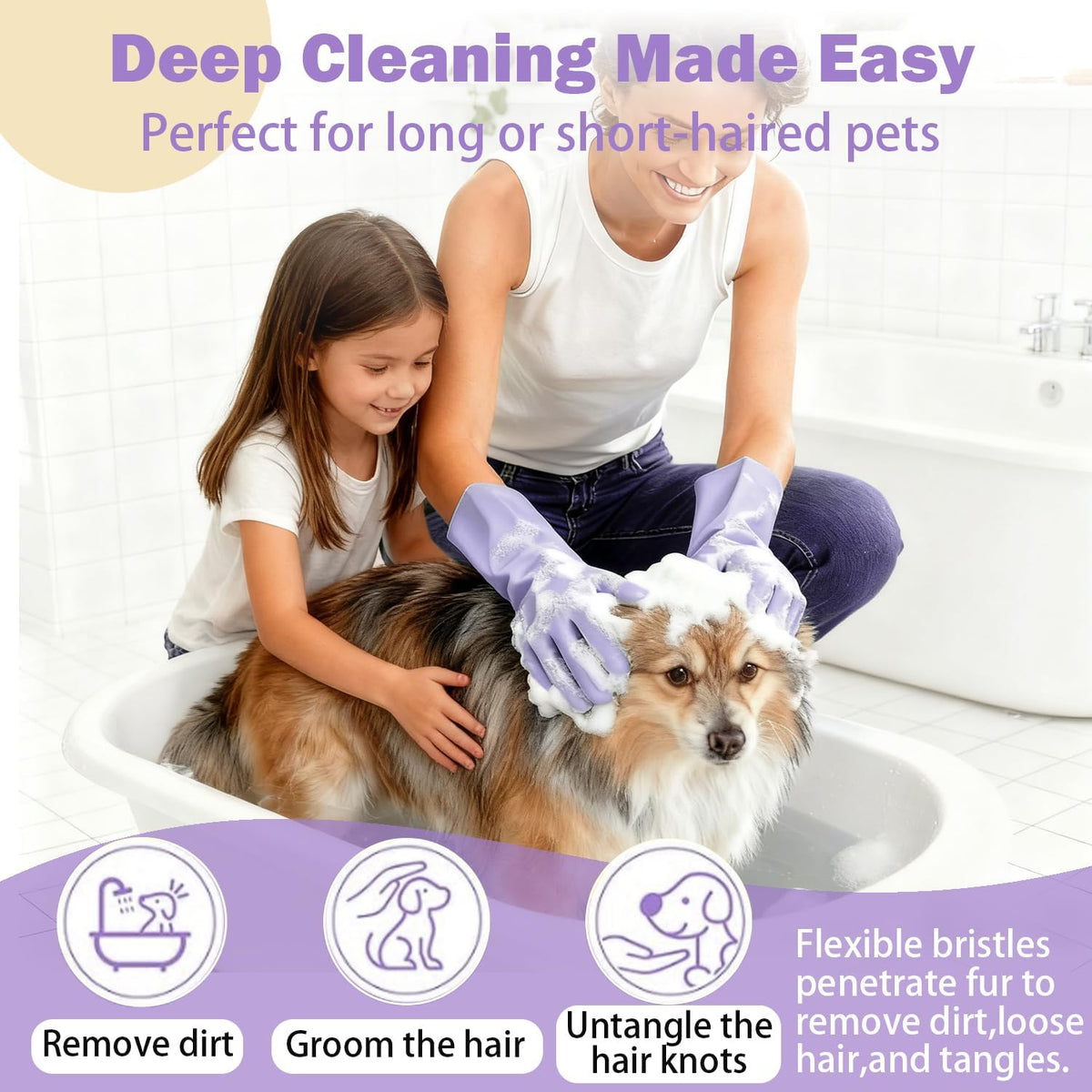 Pet Grooming Gloves, Silicone Bath Massage Gloves, Wet & Dry Use for Cats Dogs (Purple)