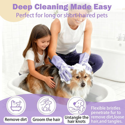 Pet Grooming Gloves, Silicone Bath Massage Gloves, Wet & Dry Use for Cats Dogs (Purple)