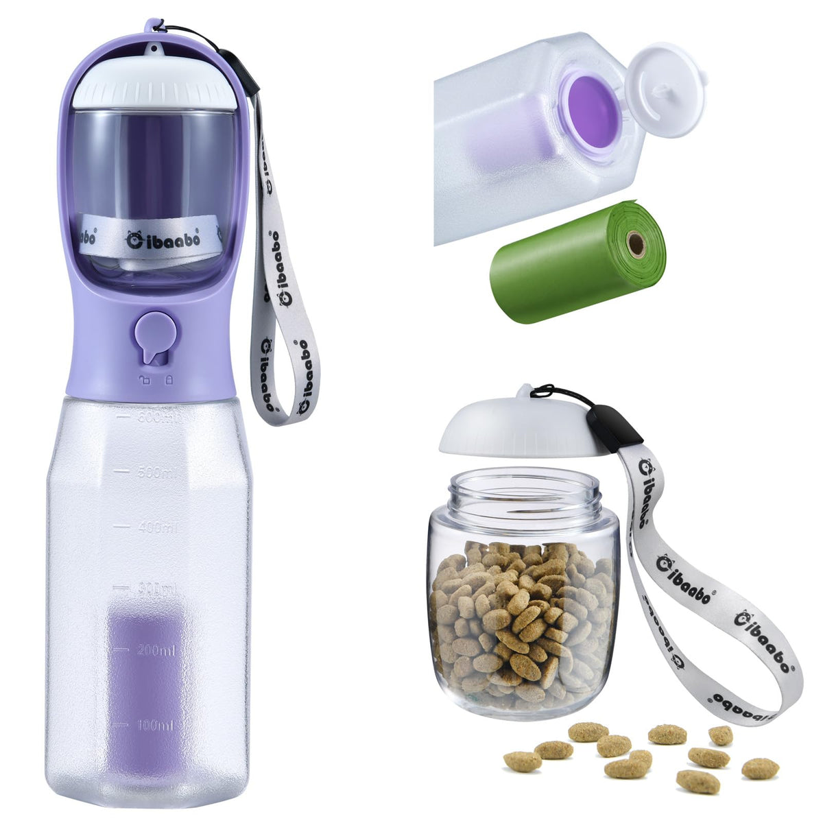 Cibaabo Dog Water Bottle with Food Container & Poop Bag Holder & Filter
