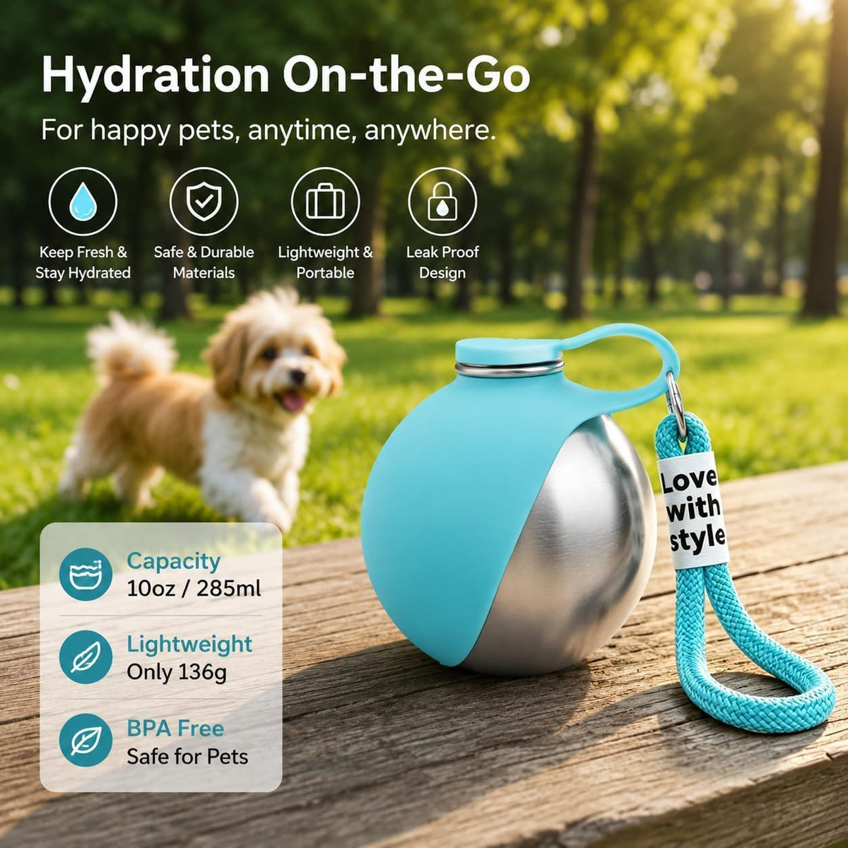 2 in 1 Portable Dog Water Bottle, 285ml Foldable Dog Travel Water Bottle with Silicone Bowl, Leak Proof Pet Water Bottle for Travel, Walks, Hikes, Park Visits, Tainless Steel (Blue)