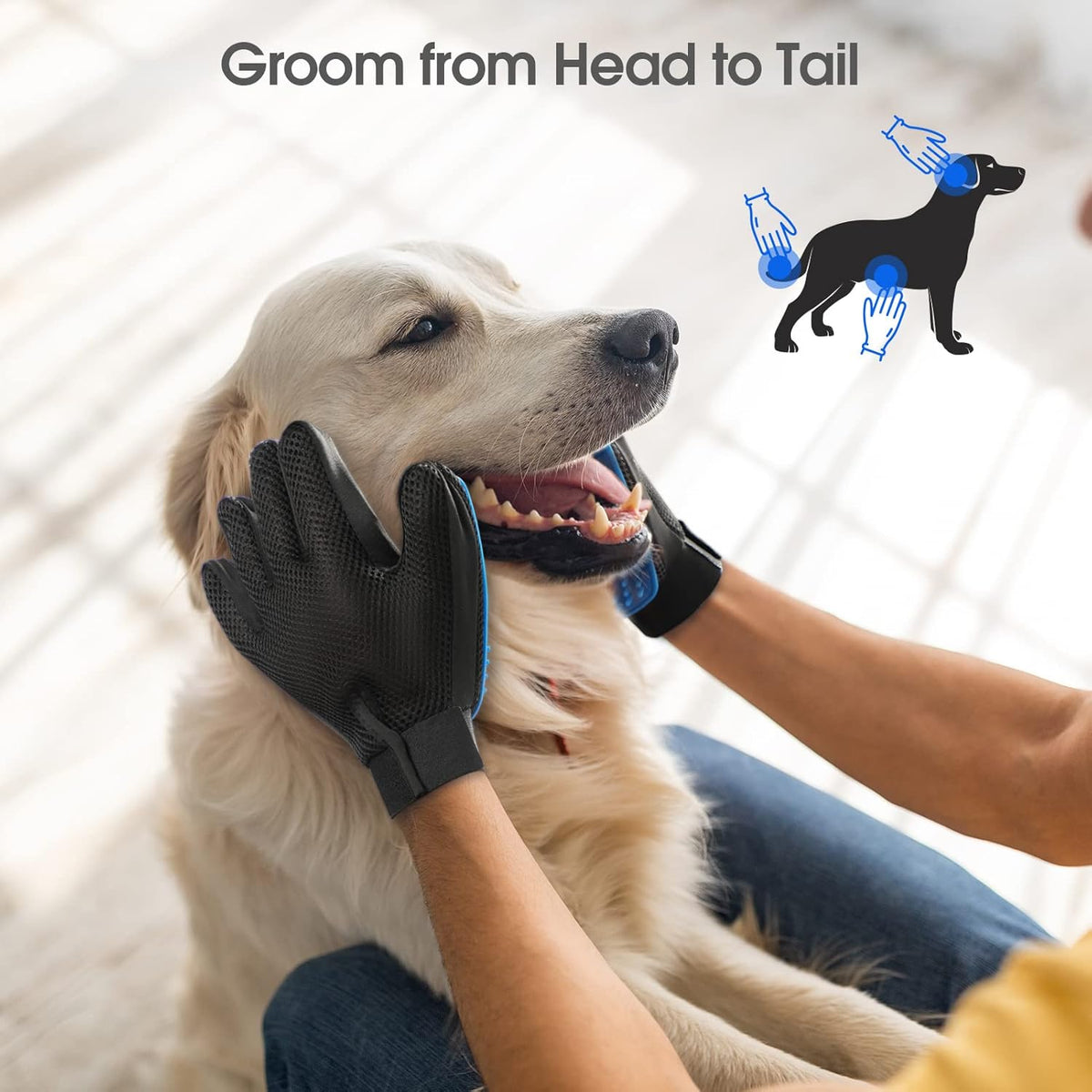 Pet Hair Removal Glove with 255 Silicone Tips for Dogs & Cats, Right Blue
