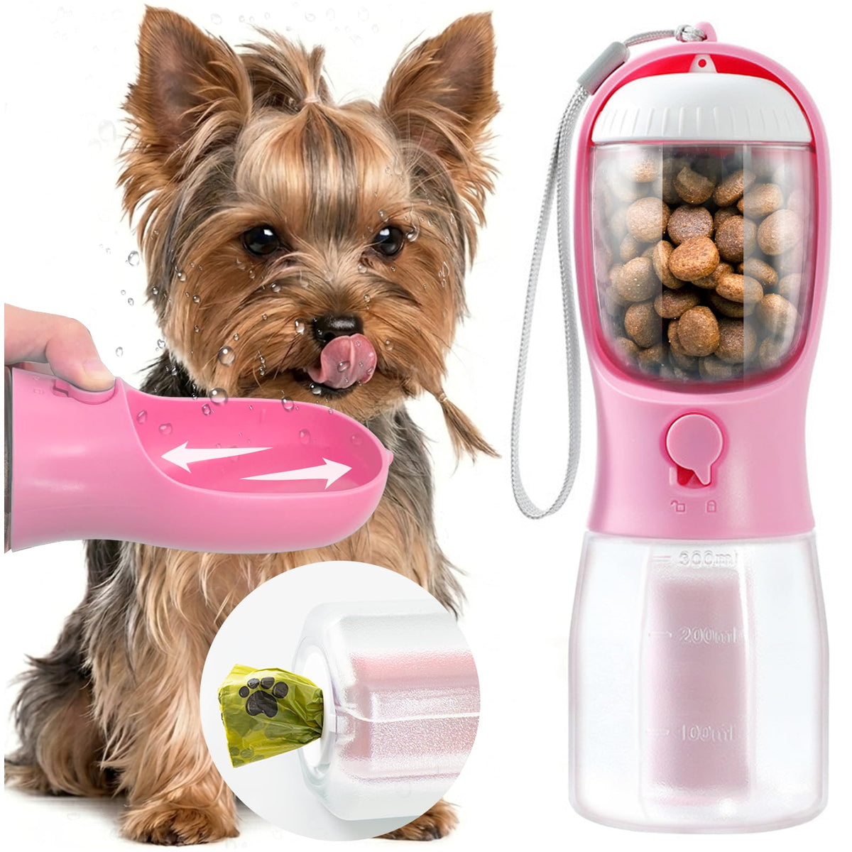 Portable Water Bottle for Small Dogs, 3 in 1 Pet Travel Bowl Dispenser with Food Treat Container & Poop Bag Holder, Summer Hiking Walking Accessories for Puppy On The Go - Pink, 10oz