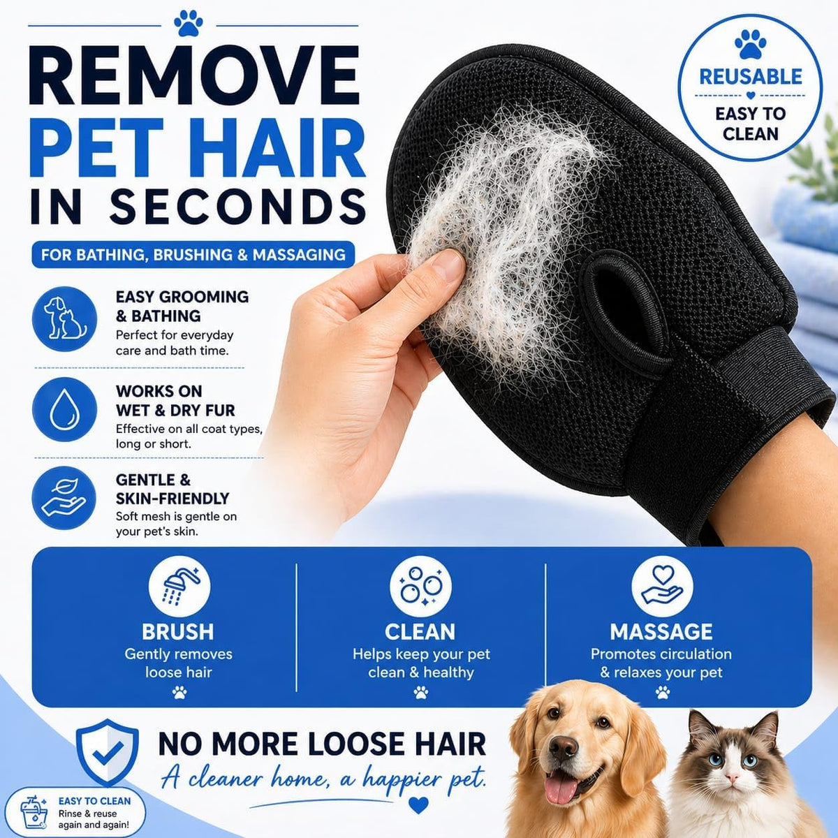 Pet Grooming Gloves for Dogs & Cats – Double Sided Deshedding Glove, Hair Remover & Massage Brush for Shedding Fur (Light Blue)