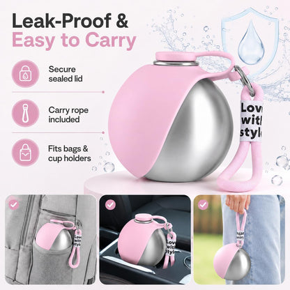 Portable Pet Dog Water Bottle with Silicone Collapsible Bowl, 10 oz Pink